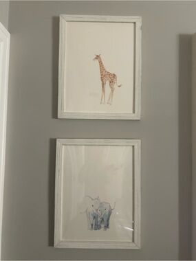Restoration Hardware Watercolor Giraffe and Blue Elephant Duo Art Prints